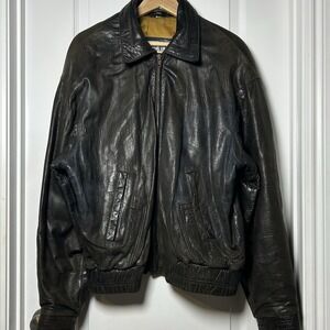 Segments Vintage 80s Genuine Leather Black Gold Satin Lining Bomber Jacket